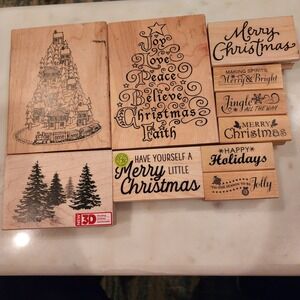 Lot 10 Wood Mount Christmas Rubber Stamps Retired‎ Tree Train Holiday Sentiments